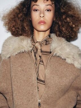 Zara 100% Wool Faux Fur Lapel Jacket Heavy Sweater Cardigan Toffee Size L-XL NWT